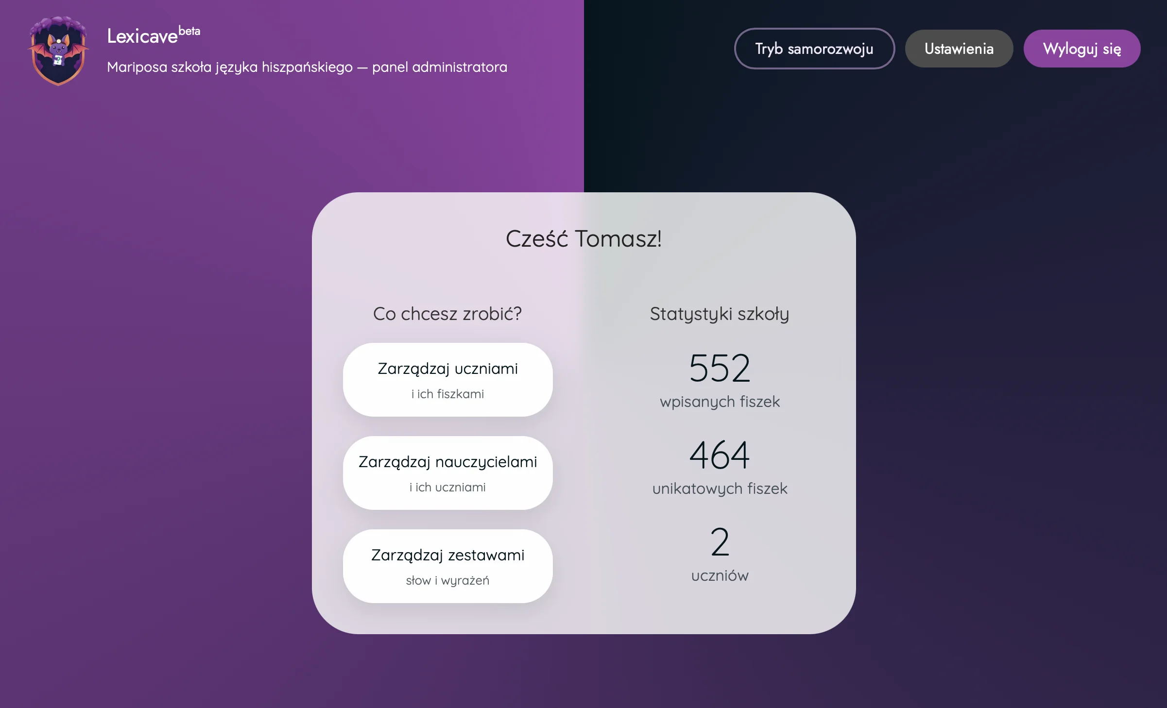 Lexicave beta — panel administratora szkoły: powitanie, skróty do uczniów, nauczycieli i zestawów oraz statystyki szkoły.