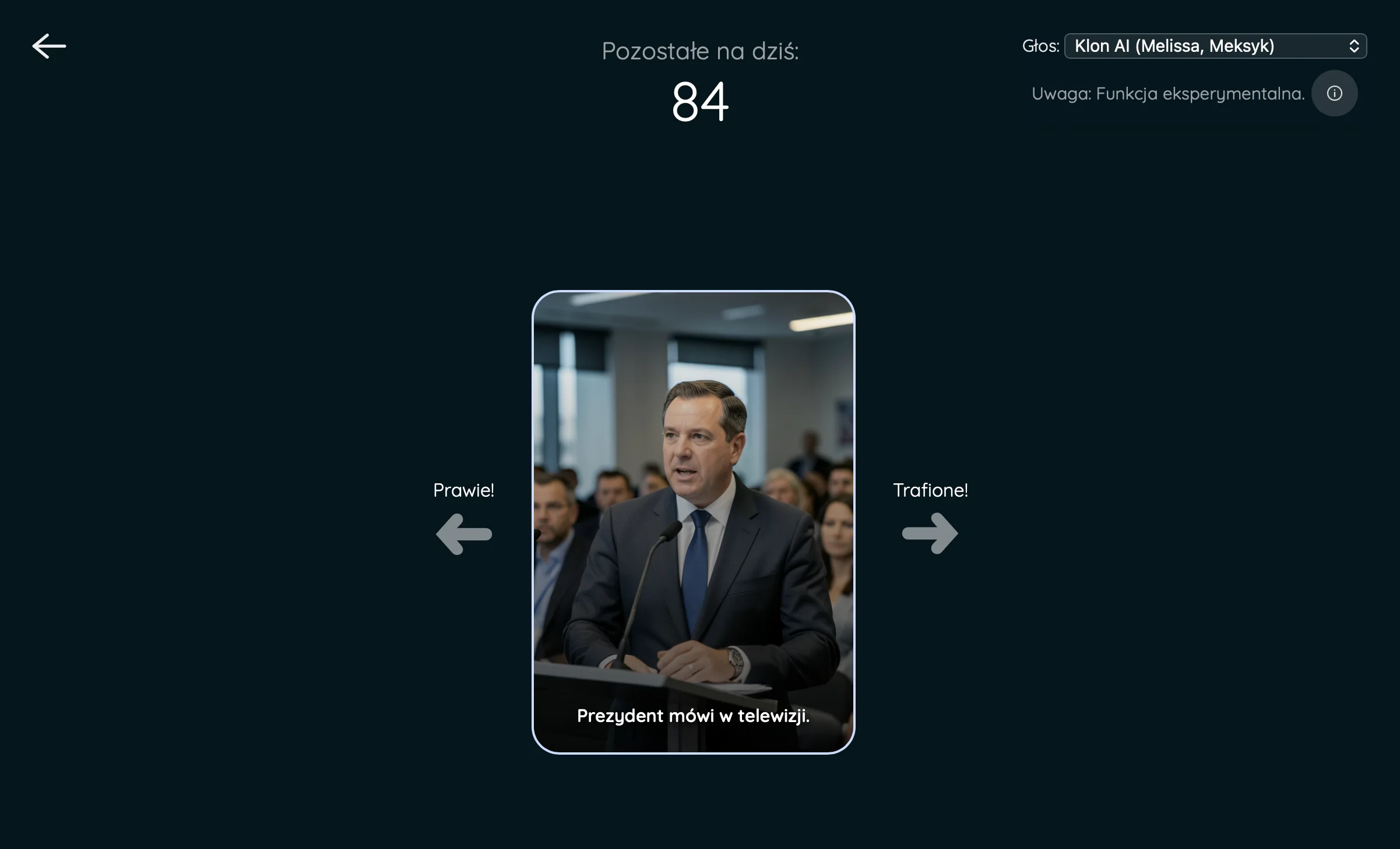 Widok nauki fiszek: karta ze zdjęciem, zdaniem po polsku, licznik pozostałych na dziś i wybór głosu AI.