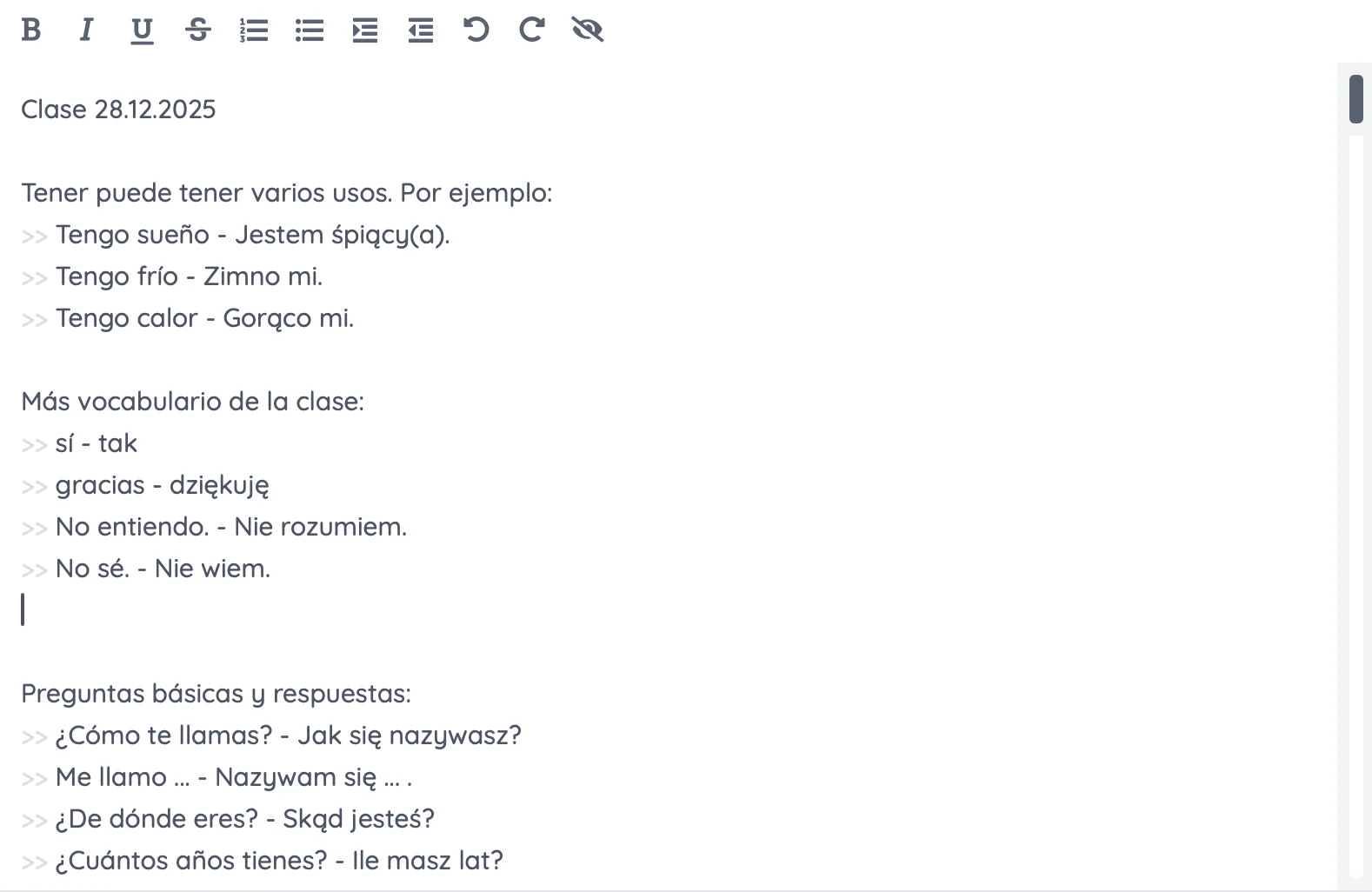 Edycja notatek ucznia w Etherpadzie: wpisy z prefiksem >> tworzą fiszki hiszpańsko-polskie.